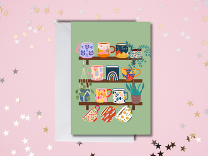 Colourful Mugs Greetings Card in Green