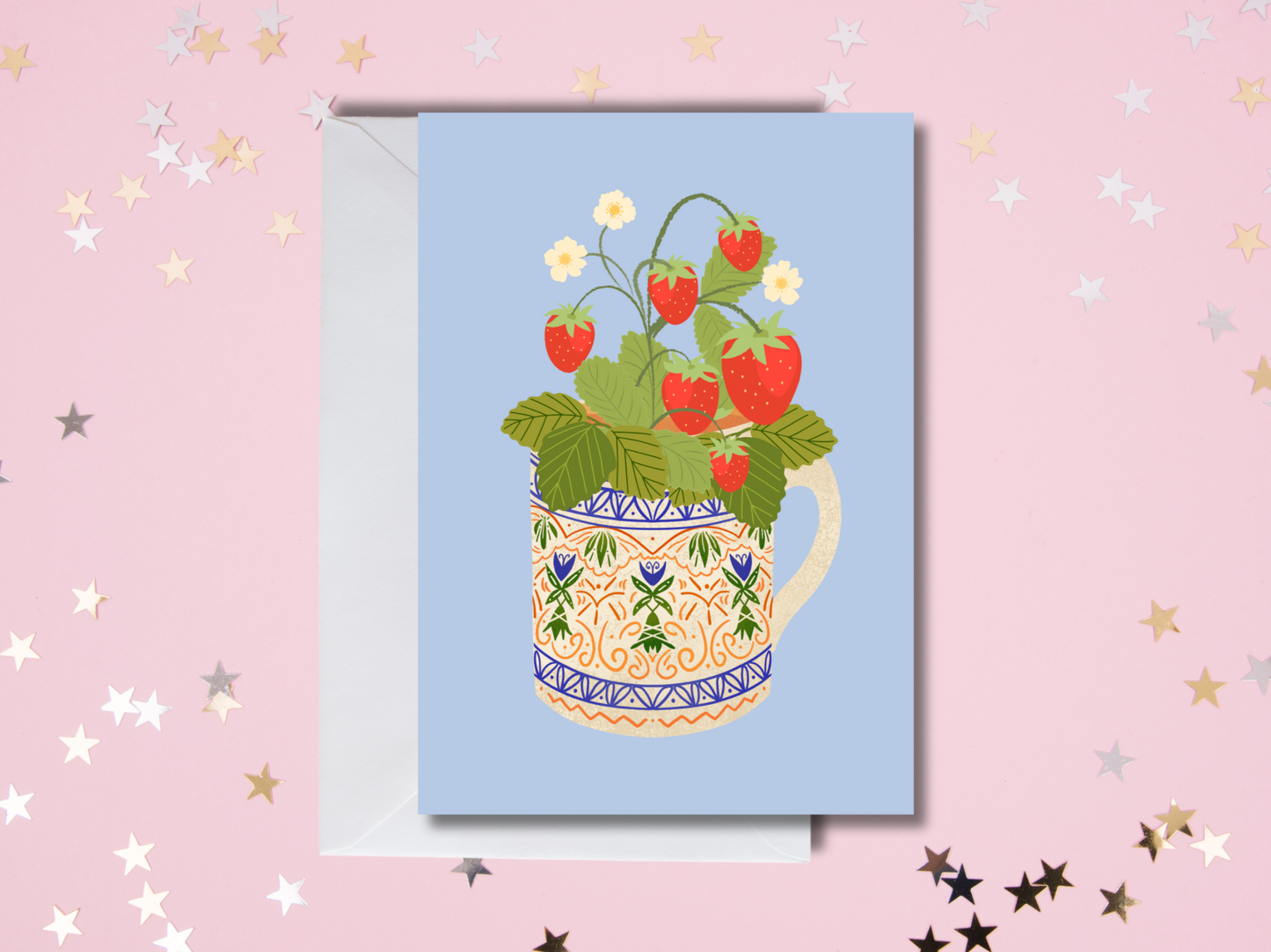 Strawberry Plant Greetings Card in Baby Blue