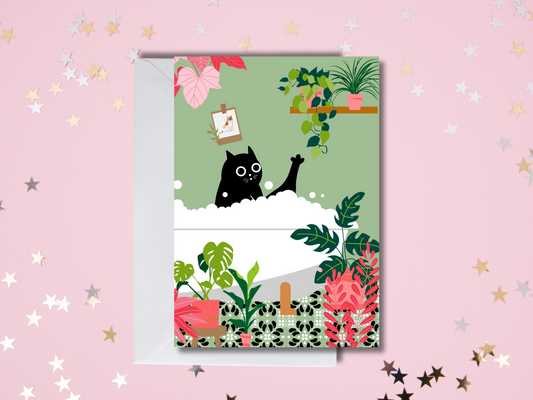 Funny Cat Greetings Card - Black Cat in a Bubble Bath