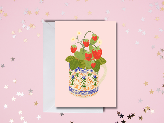 Strawberry Plant Greetings Card in Pink