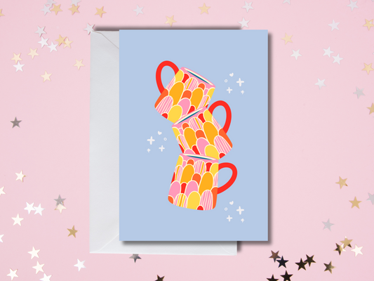 Colourful Mugs Greetings Card in Baby Blue