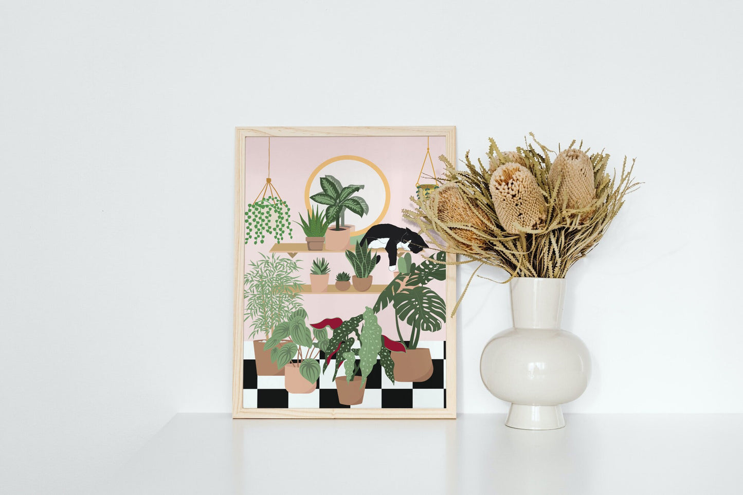 Botanical Art Print with Tuxedo Cat