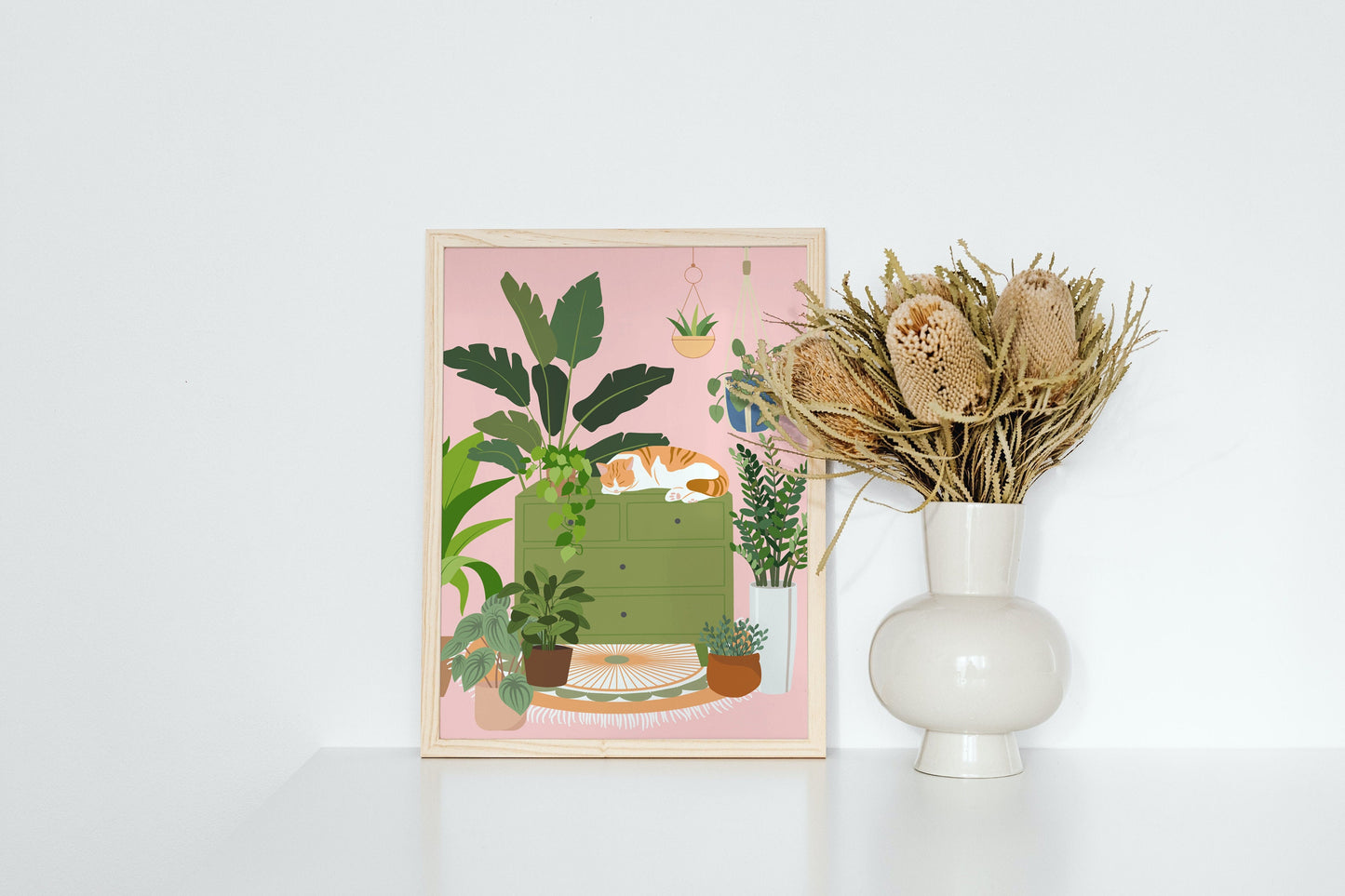 Botanical House Plant Art Print with a Sleeping Cat