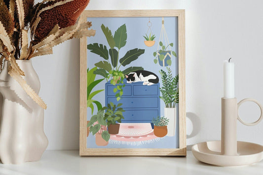 Botanical House Plant Art Print with a Sleeping Cat