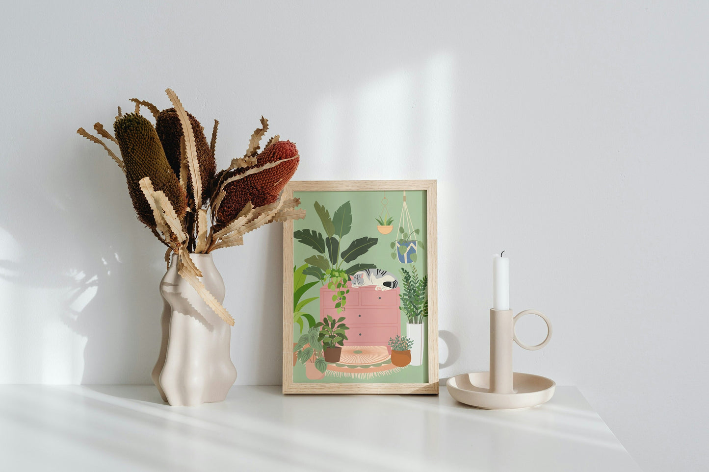 Botanical House Plant Art Print with a Sleeping Cat