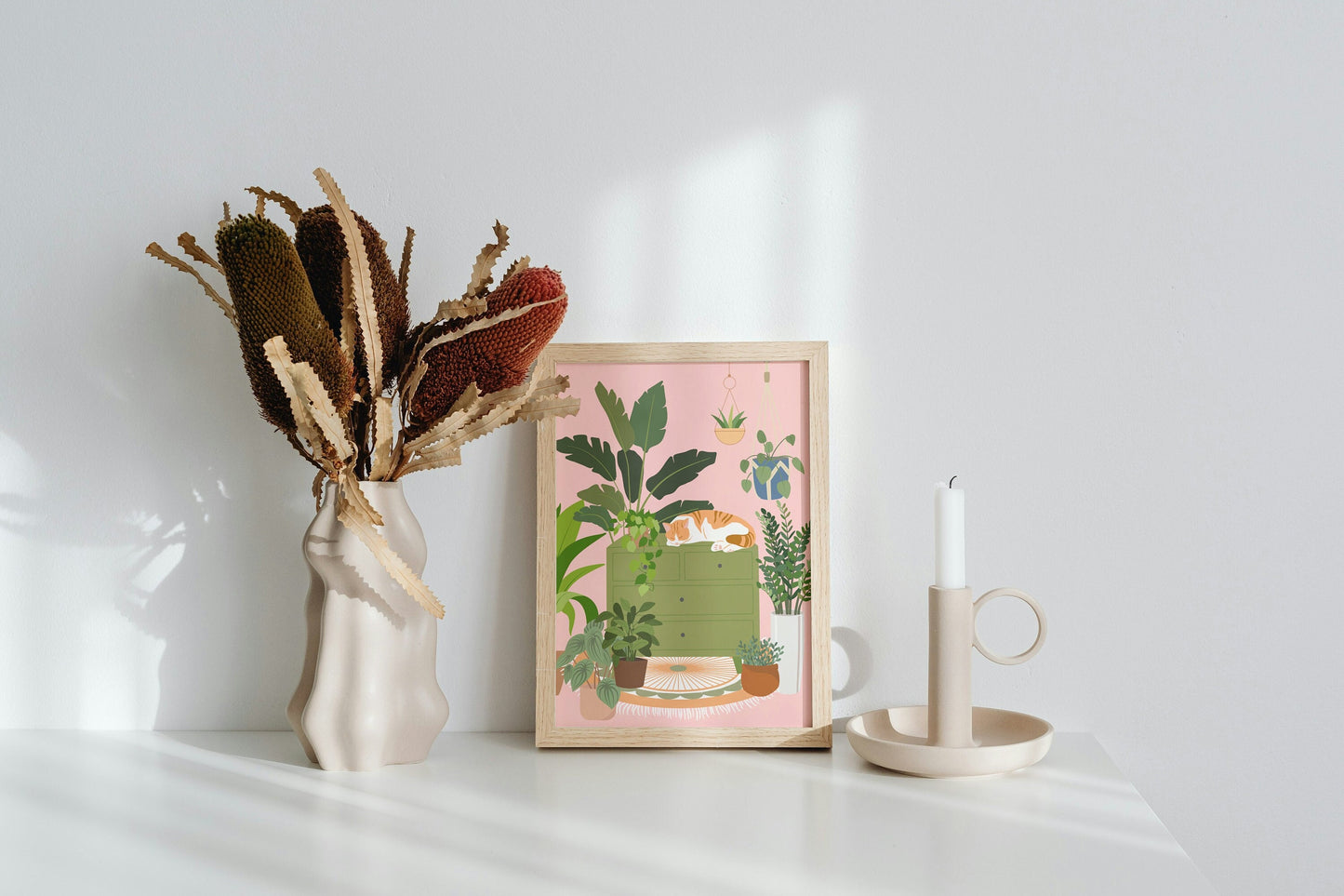 Botanical House Plant Art Print with a Sleeping Cat