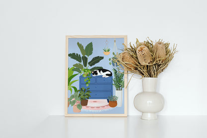 Botanical House Plant Art Print with a Sleeping Cat