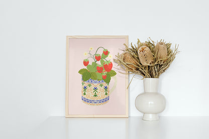 Strawberry Plant Art Print in Pink