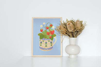 Strawberry Plant Art Print in Dusty Blue