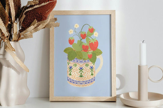 Strawberry Plant Art Print in Dusty Blue