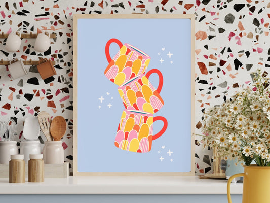 Stack of Funky Mugs Art Print in Light Blue