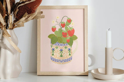 Strawberry Plant Art Print in Pink