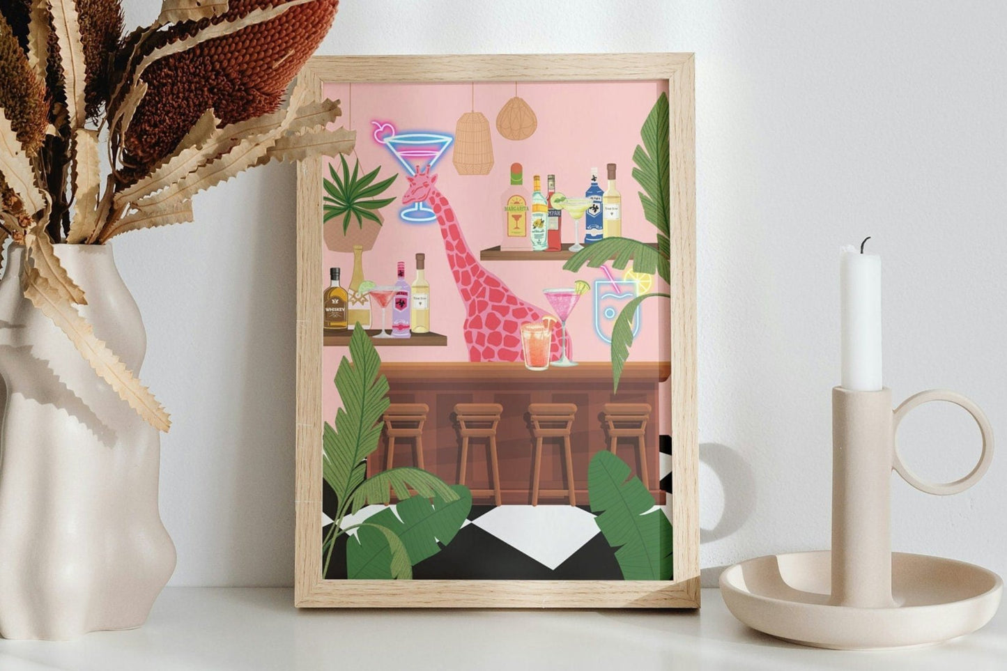 Pink Cocktail Wall Art Print with Giraffe