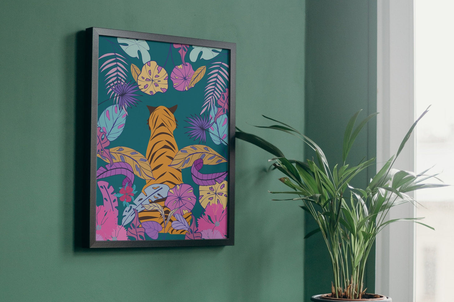 Jungle art Print with Tiger in Dark Teal