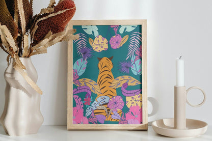 Jungle art Print with Tiger in Dark Teal