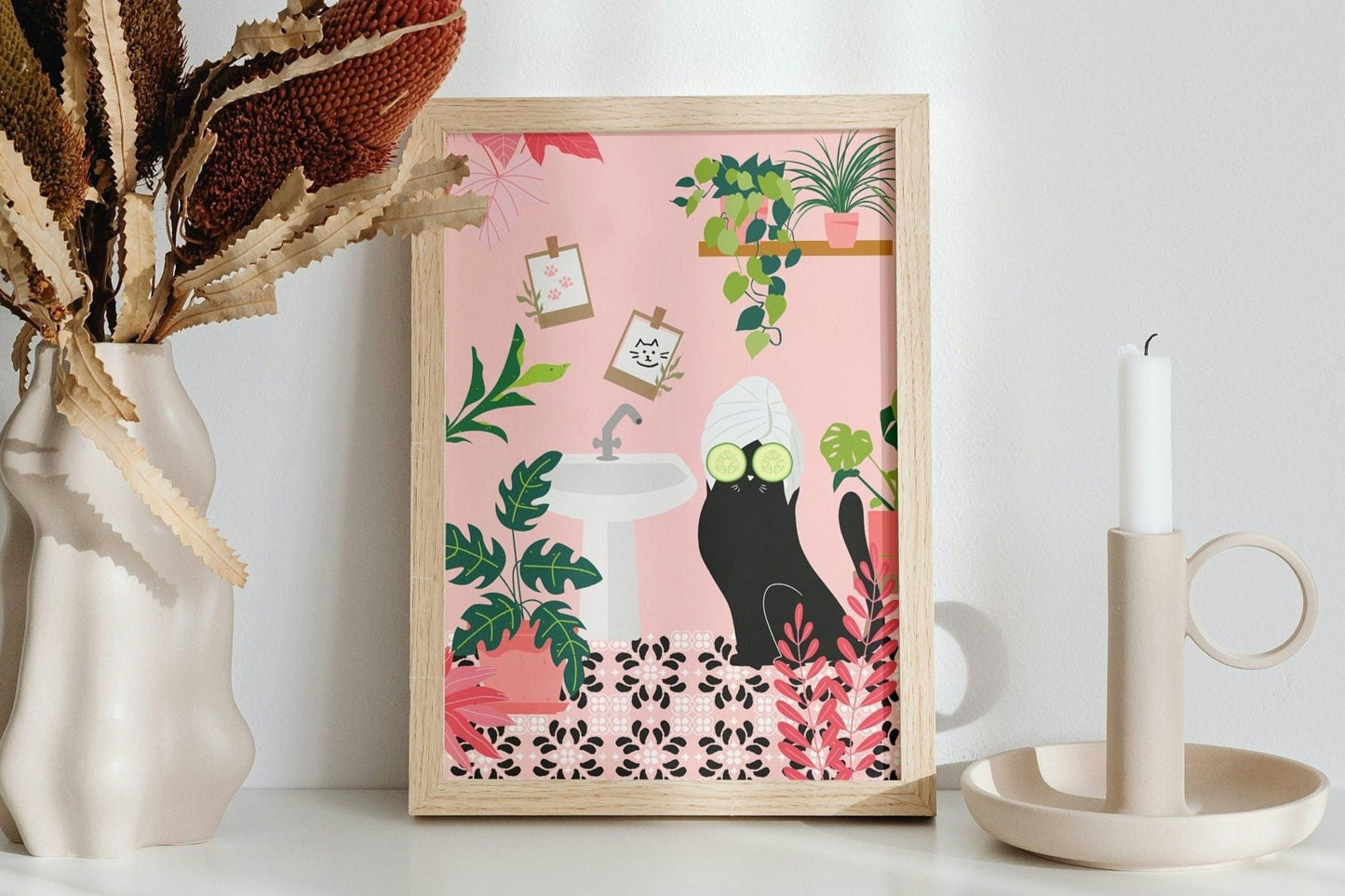 Pamper Cat Art Print in Pink