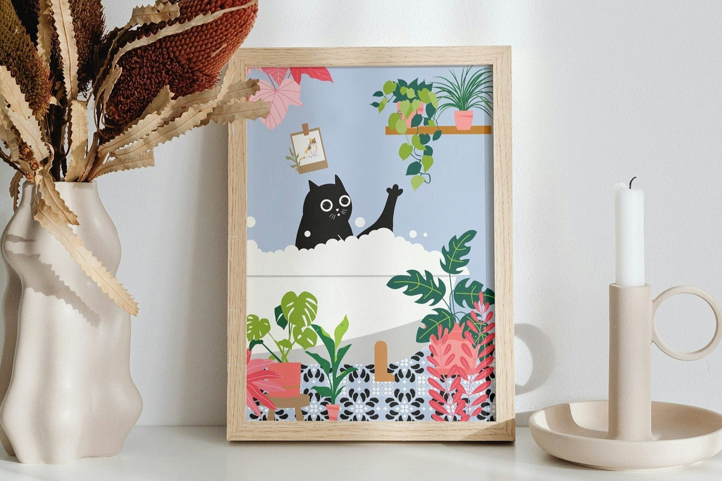 Black Cat in a Bubble Bath Art Print